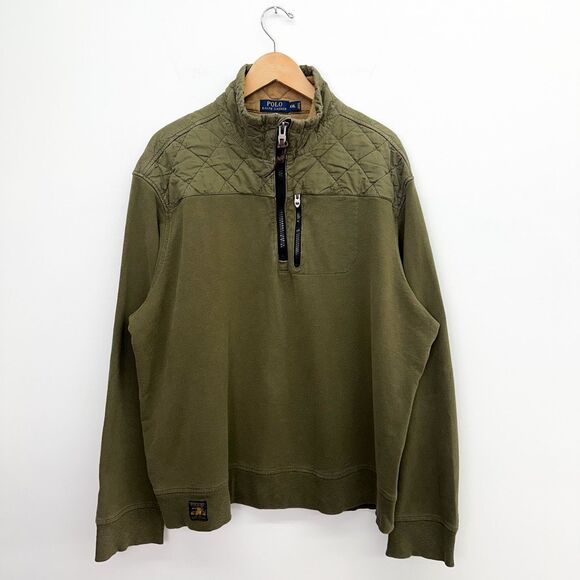 Polo Ralph Lauren Men’s Military Olive Green Quilted Shoulders 1/4 Zip Pull Over - Picture 1 of 12